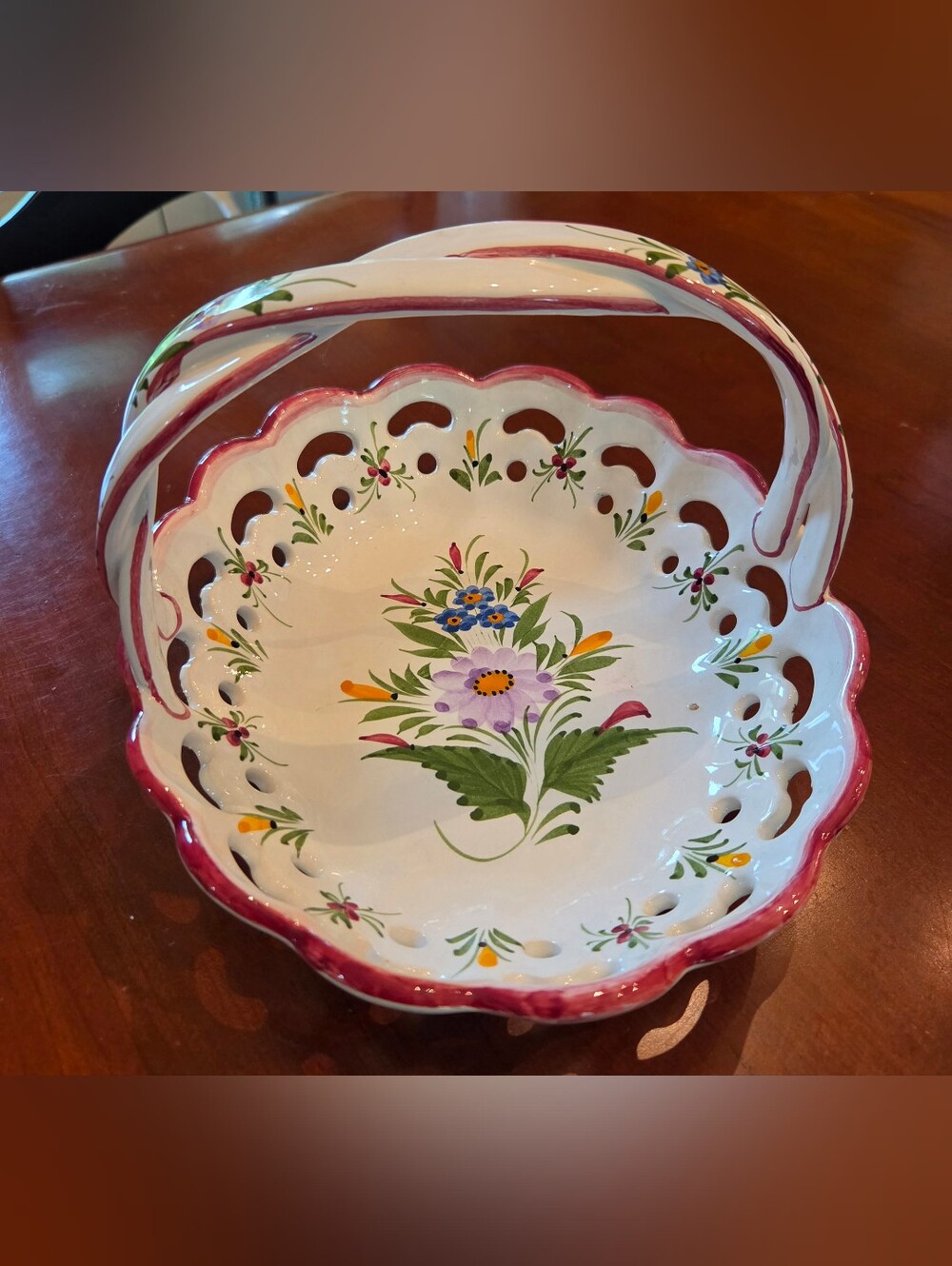 Portuguese Ceramic Fruit Bread Basket Braided Handle Reticulated Hand Painted